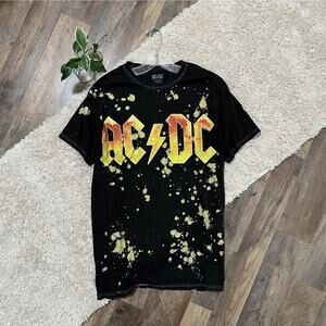 AC/DC Medium Black Bleached Grunge Rock Edgy Pull-Over Band Graphic Tee